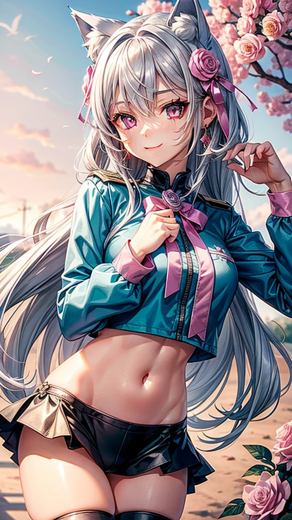 Silver hair, pink eyes, body, cat ears, adult girl, earrings, flower sky background, teal pink gold uniform, hair bows, happy face, thigh up, holding cat