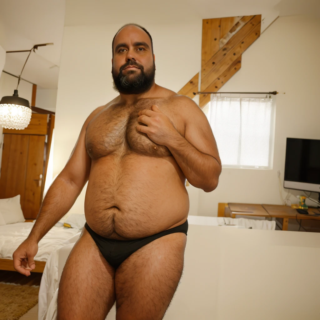 a chubby middle-aged Brazilian man with detailed brown hair and beard, hairy body, wearing athletic support, standing in a bedroom, protruding belly, sexy pose, profile shot, showing underwear, distant pose, looking sideways, (best quality,4k,8k,highres,masterpiece:1.2),ultra-detailed,(realistic,photorealistic,photo-realistic:1.37),vivid colors,studio lighting