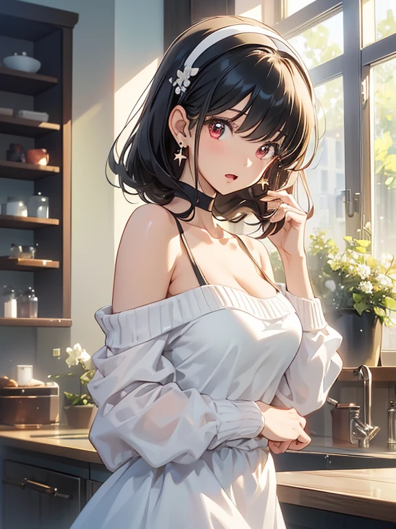 masterpiece, yor, 1girl, Amazing Cleavage:1.3, thin waist, big ass, Raised sexy, medium breast: 1.8 posed cleavage:1.2、solo, looking at viewer, open mouth, have a cup of coffee,black hair, red eyes, dress, bare shoulders, jewelry, collarbone, sidelocks, hairband, earrings, indoors, off shoulder, :o, sweater, arms behind back, plant, short hair with long locks, white hairband, off-shoulder dress, sweater dress, off-shoulder sweater, red sweater, big side hair, very long side hair,is rendered in (masterpiece: 1.2, best quality), with (ultra high resolution) and an exquisite (depth of field). This masterpiece is not only visually stunning but also tells, make of cake cooking ,in the kitchen
