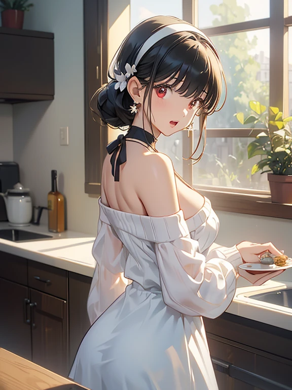 masterpiece, yor, 1girl, Amazing Cleavage:1.3, thin waist, big ass, Raised sexy, medium breast: 1.8 posed cleavage:1.2、solo, looking at viewer, open mouth, have a cup of coffee,black hair, red eyes, dress, bare shoulders, jewelry, collarbone, sidelocks, hairband, earrings, indoors, off shoulder, :o, sweater, arms behind back, plant, short hair with long locks, white hairband, off-shoulder dress, sweater dress, off-shoulder sweater, red sweater, big side hair, very long side hair,is rendered in (masterpiece: 1.2, best quality), with (ultra high resolution) and an exquisite (depth of field). This masterpiece is not only visually stunning but also tells, make of cake cooking ,in the kitchen
