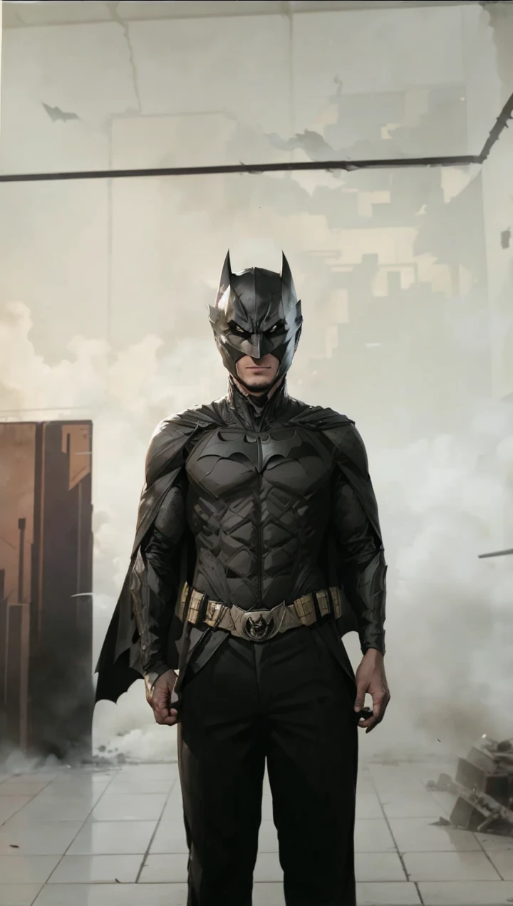 Christian Bale dressed in jacket and pants reminiscent of batman costume with the iconic perfect batman logo posing on camera in front of his batmobile, Explosions, Destroyed buildings collapsed, Rising smoke, Chamas roxas, luzes roxas e azuis refletidas, Realistic, fotografia, Canon EOS R6