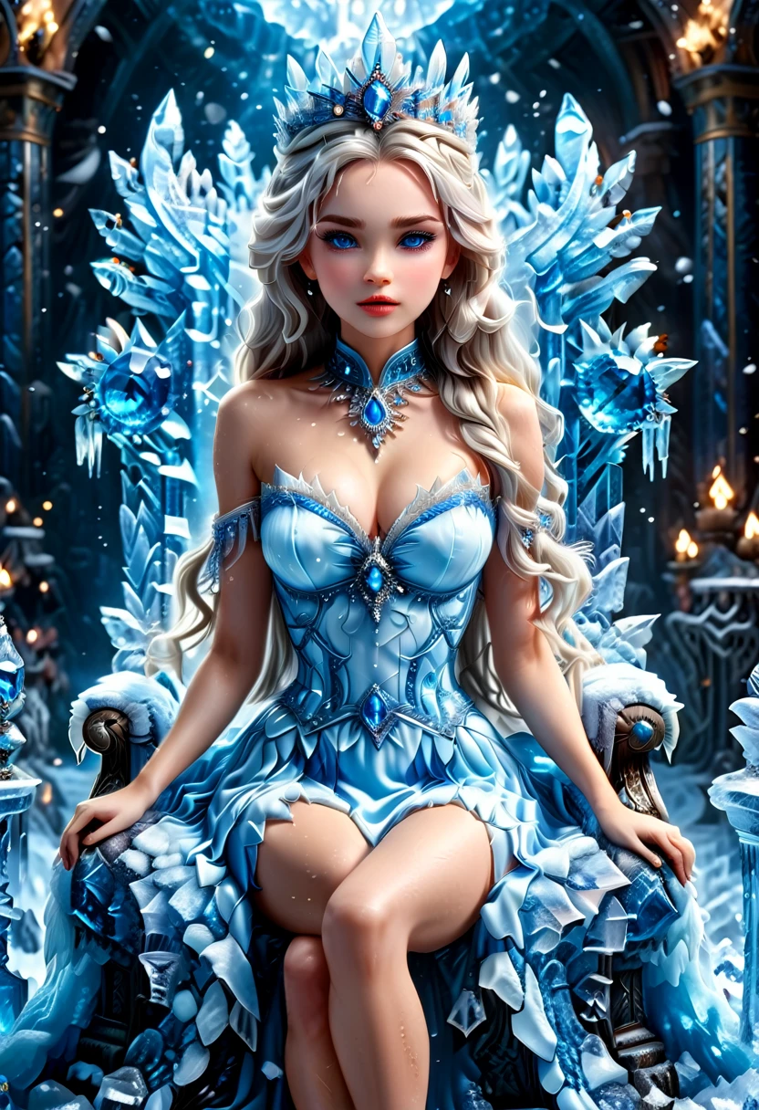 Arafed a picture of a an ice goddess sitting on her frozen throne, wearing white and blue royal dress, glamorous dress, dynamic hair, bold intense eyes, extremely exquisite beautiful queen, perfect body, (anatomically correct: 1.3), ultra feminine, ultra detailed face, dark blue lips, azure glowing eyes, she sits on a (throne made from ice: 1.3) of regality, and might, throne carved from ice , legendary symmetric design, with (many carvings in the ice: 1.3), dynamic caevings on the handles decorated with diamonds, and blue gems, fantasy ice goddess hall room background, (masterpiece: 1.4) intense details, highly detailed, photorealistic, best quality, highres,16k, (ultra detailed:1.3(, masterpiece, best quality, (extremely detailed), close up, ultra wide shot, photorealistic, RAW, fantasy art, dnd art, fantasy art, realistic art,((best quality)), ((masterpiece)), (detailed: 1.5), ral-ntrgmstn, faize