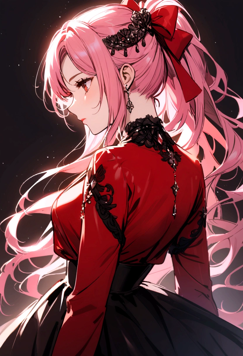 Girl with pink hair, in formal wear with red sleeves, in a black skirt, with a red bow on his head