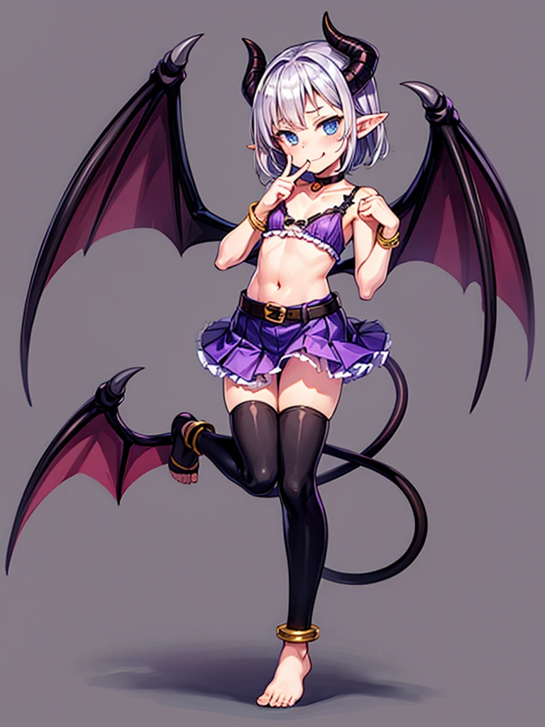 (masterpiece:1.2), (highest quality:1.2), 1girl, solo, horns, tongue, tongue-out, tail, :q, blue-eyes, barefoot, navel, skirt, pointy-ears, purple-hair, demon-girl, blush, short-hair, demon-tai, looking-at-viewer, simple-background, bare-shoulders, smil, demon-wings, full-body, choker, demon-horns, ribbon, naughty-face, collarbone, jewelry, purple-bow, purple-skirt, midriff, finger-to-mouth, hear, bangs, belt, bow, purple-ribbon, see-through, standin, standing-on-one-leg, bat-wings, flat-chest, miniskirt, closed-mouth, leg-up, purple-wings, anklet, tsurim, purple-choker, hand-up