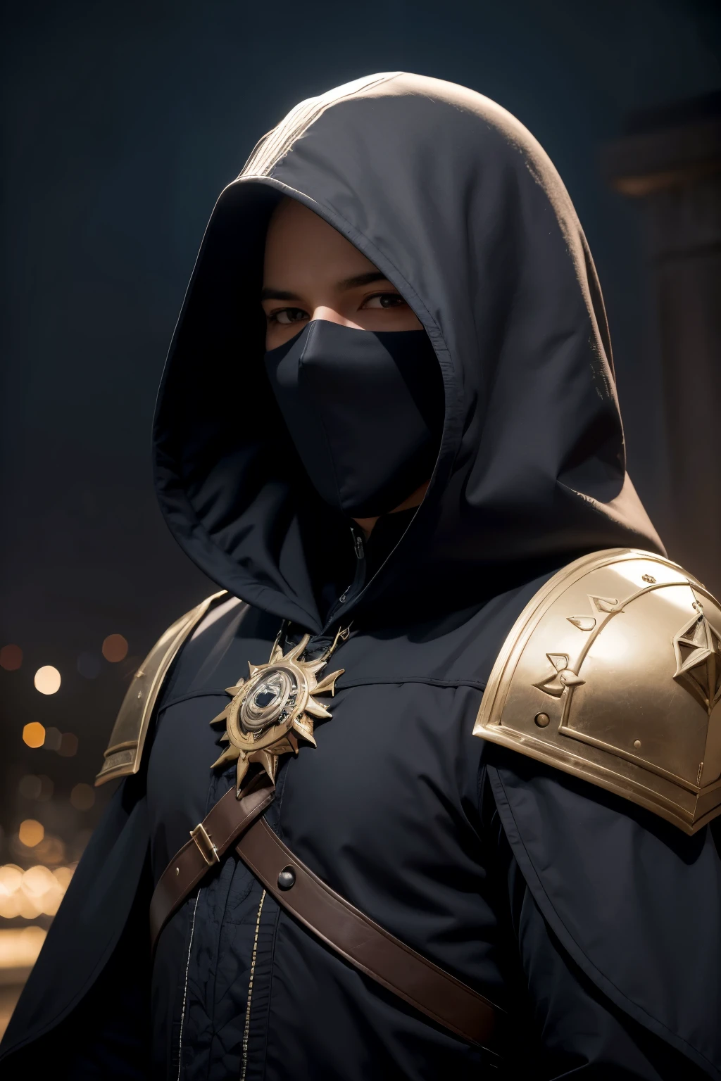 ((best qualityer)), (detailded), guild logo with the name SUEZA, faceless man with hood, darkness background