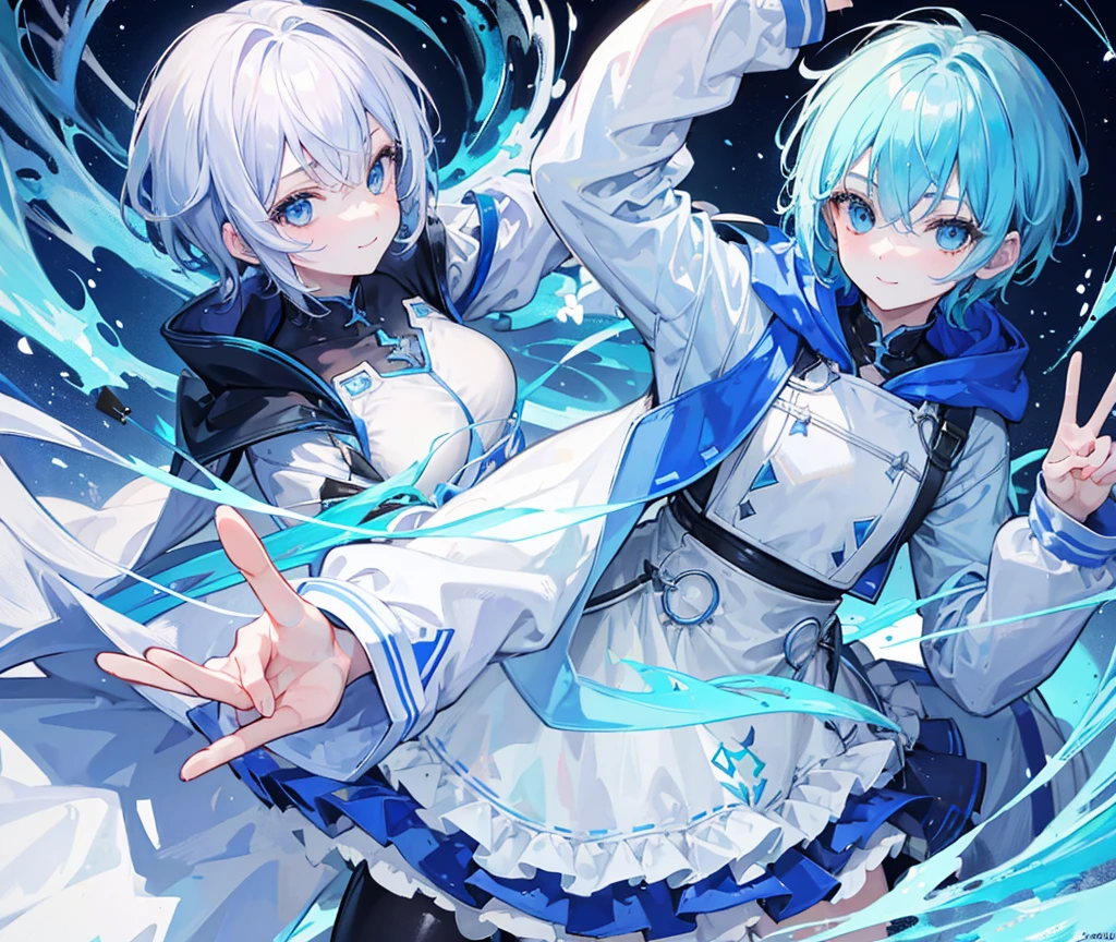((Highest quality)), ((masterpiece)), (detailed), 1Men、Light blue hair、Light blue eyes、Light blue hoodie、smile、short hair、Handsome、cool、Double Peace、Gal Peace