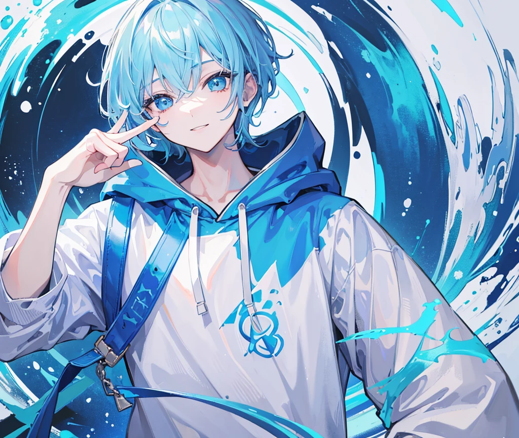 ((Highest quality)), ((masterpiece)), (detailed), 1Men、Light blue hair、Light blue eyes、Light blue hoodie、smile、short hair、Handsome、cool、Double Peace、Gal Peace