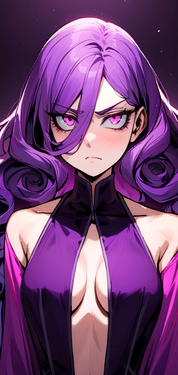 make me a female, 21 years old, purple long curly hair, pink eyes, revealing black and purple outfit, angry face