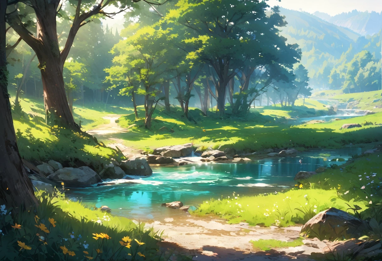 Midsummer Forest,Hot sunshine,countryside,Highest quality,masterpiece,Midday,landscape,There is no one here,stream