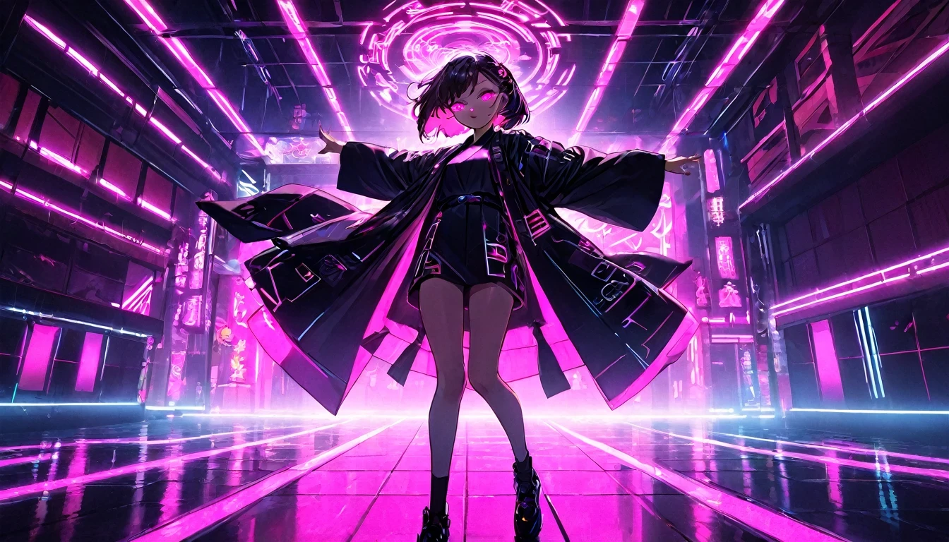 Girl in kimono, teenager, cyberpunk, pink eyes, glowing, neon, black coat, open coat, dance floor,