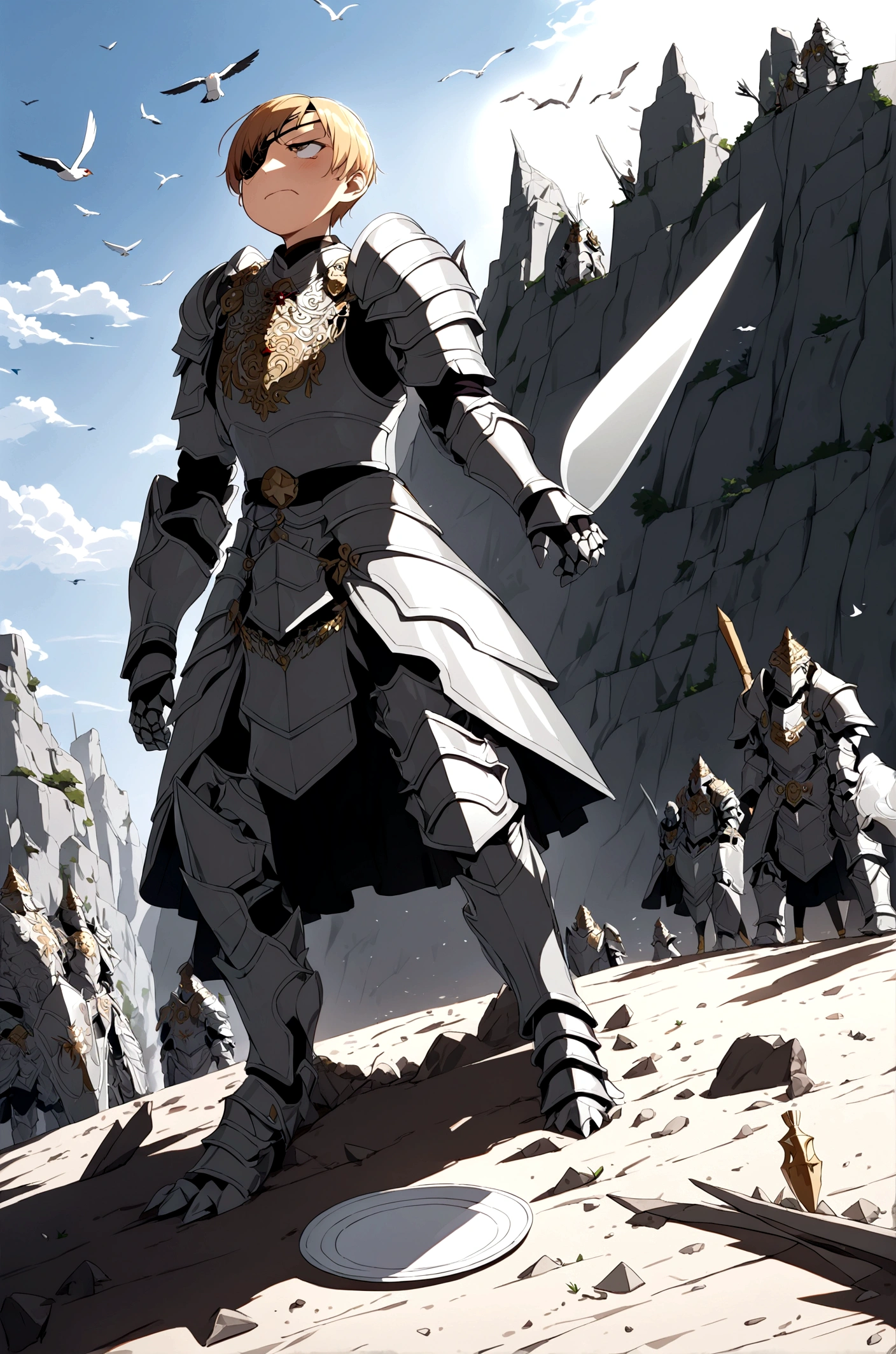 Slim tall, stern face expression,  standing on steep heel, sunny day, ((wearing silver heavy plate full armor with ornament)), eyepatch, broken spears in the ground around, birds in sky far away