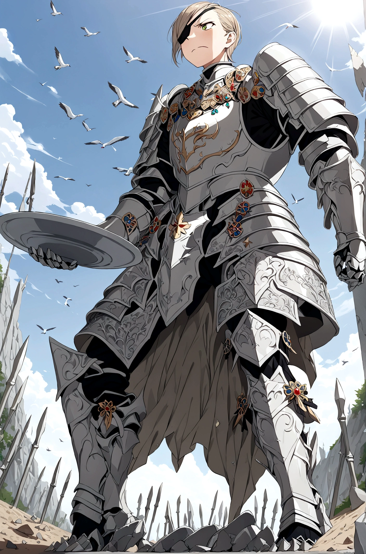 Slim tall, stern face expression,  standing on steep heel, sunny day, ((wearing silver heavy plate full armor with ornament)), eyepatch, broken spears in the ground around, birds in sky far away