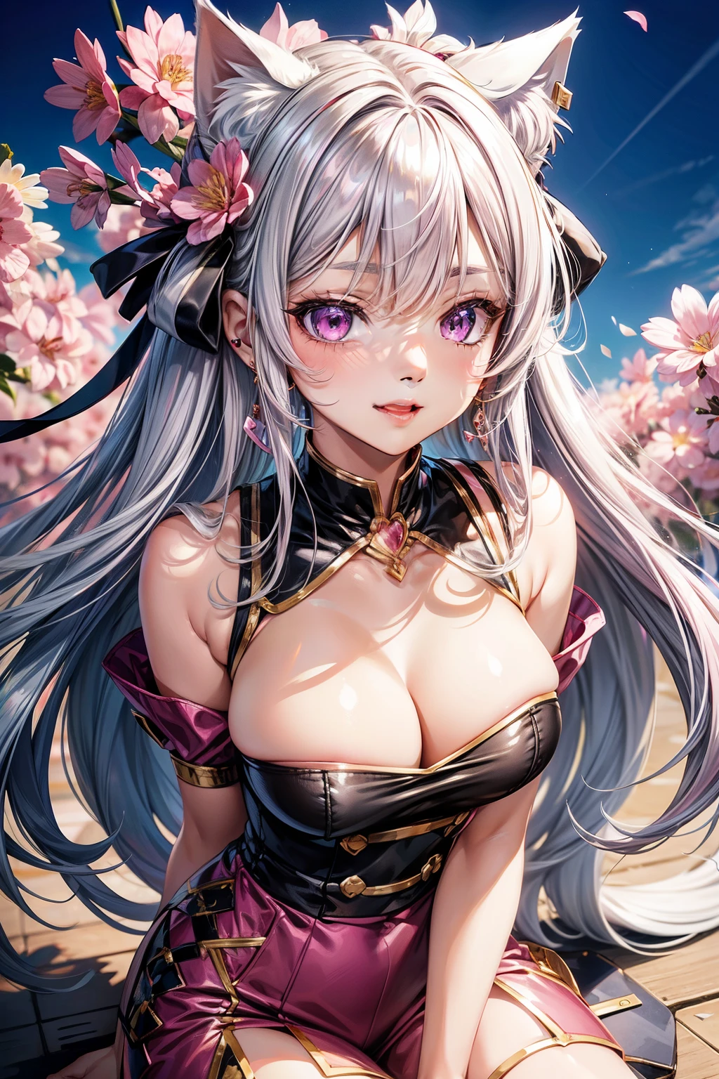 Silver hair, pink eyes, body, cat ears, adult girl, earrings, flower sky background, red pink gold uniform, hair bows, happy face, thigh up, holding cat