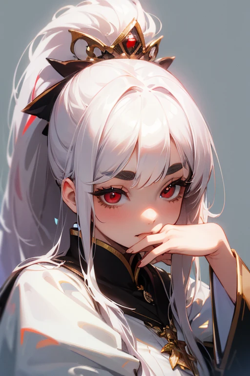 (Highest quality, masterpiece:1.2), High resolution, Very detailed, Realistic:1.37, Fantasy, An illustration, Hair is whiteいです、Red eyes、Queen, White Dress.Platinum decoration、美Successfully、Eyeshadow Red、Thick eyebrows、Long eyelashes、pupils are black、Hair is whiteい、Kissing Face、Embarrassing、Loved、ponytail、Hair is white、The face is dignified々Successfully、