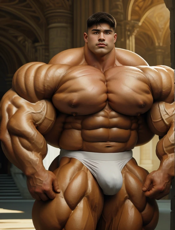 1boy, alone, giant warrior bodybuilder, sweaty, golden hour, strong body, bulk, very large body size, stand, staring, with a large fortress behind, nude, white triangular underwear, prominent bulge, extraordinary big, brutalmass, giant, muscular body, bulk, buff, massive body, large meaty body size, extremely wide body