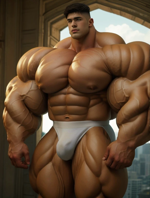 1boy, alone, giant warrior bodybuilder, sweaty, golden hour, strong body, bulk, very large body size, stand, staring, with a large fortress behind, nude, white triangular underwear, prominent bulge, extraordinary big, brutalmass, giant, muscular body, bulk, buff, massive body, large meaty body size, extremely wide body