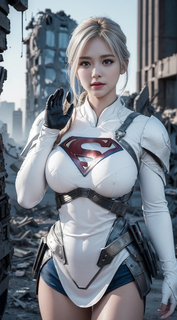 (White Superhero Theme Supergirl),( Apocalyptic city destroyed:1.4),(superchica:1.4), (gray white hair ),More detailed 8K.unreal engine:1.4,UHD,La Best Quality:1.4, photorealistic:1.4, skin texture:1.4, Masterpiece:1.8,first work, Best Quality,object object], (detailed face features:1.3), (Detailed hands:1.4),