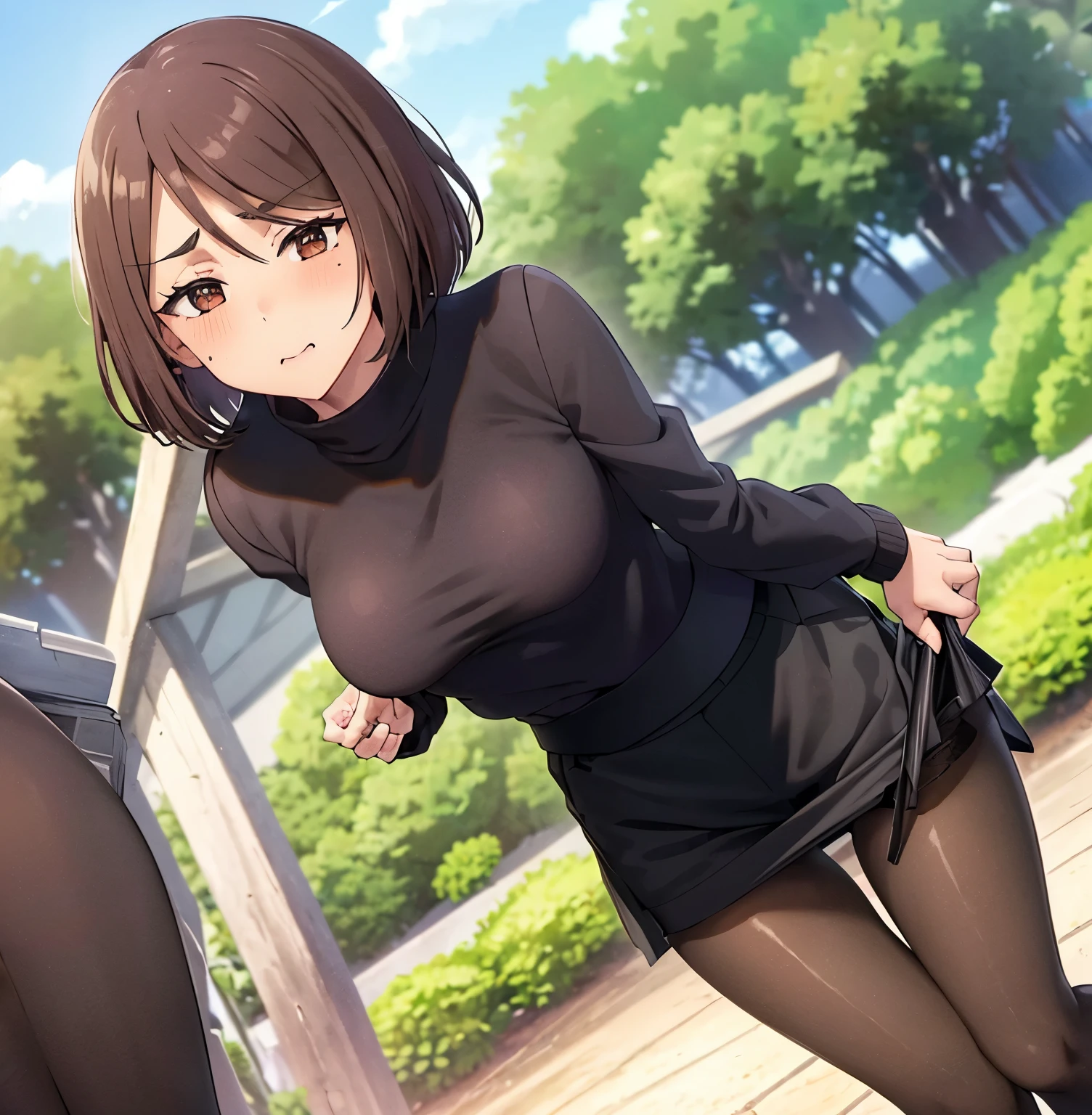 (1girl),(single),shoko Ieiri,masterpiece,best quality,high resolution,ultra detailed,brown eyes,(mole under eye: 0.8),short hair,brown hair,swept bangs,dynamic pose,body curvy, jean shot, detailed bottom, detailed eyes, , turtleneck, (black jacket: 1.4), long sleeves, (black skirt: 1.4), (short skirt: 1.3), (black pantyhose: 1.2) ,black loafers,(skirt lift:1.4),(pants over pantyhose:1.2),(blush:1.2),(embarrassment:1.4),standing,outdoor ((outdoors,garden,Japanese farm,sunny,clouds) ,lace trim panties, facing forward,((focus on breasts)),pov(from middle)perfect anatomy, perfect hands,