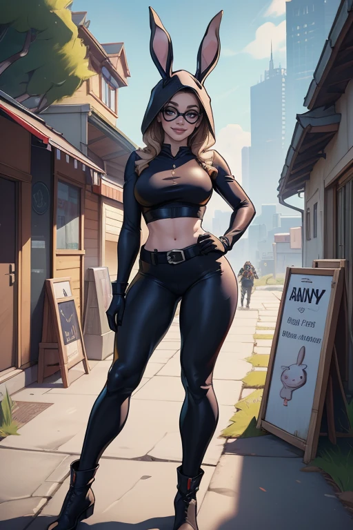 A high quality unreal engine render of Fortnite_Highwire, (Bunny Version:1.4), Hood Up, Sunglasses, Straps, Catsuit, Croptop, Long Sleeves, Bare Midriff, Hip Belt, Hip Holster, Skintight Pants, Big Collar, Shin Guard, Belt, Boots, Gloves, (Outdoor:1.5), CG, Octane Render, 8k uhd, soft lighting, high quality, ambient occlusion, 