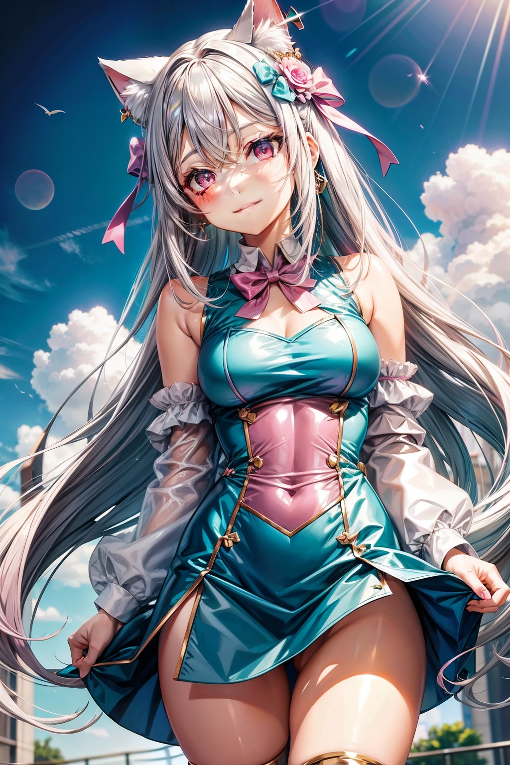 Silver hair, pink eyes, body, cat ears, adult girl, earrings, flower sky background, teal pink gold uniform, hair bows, happy face, thigh up, holding cat