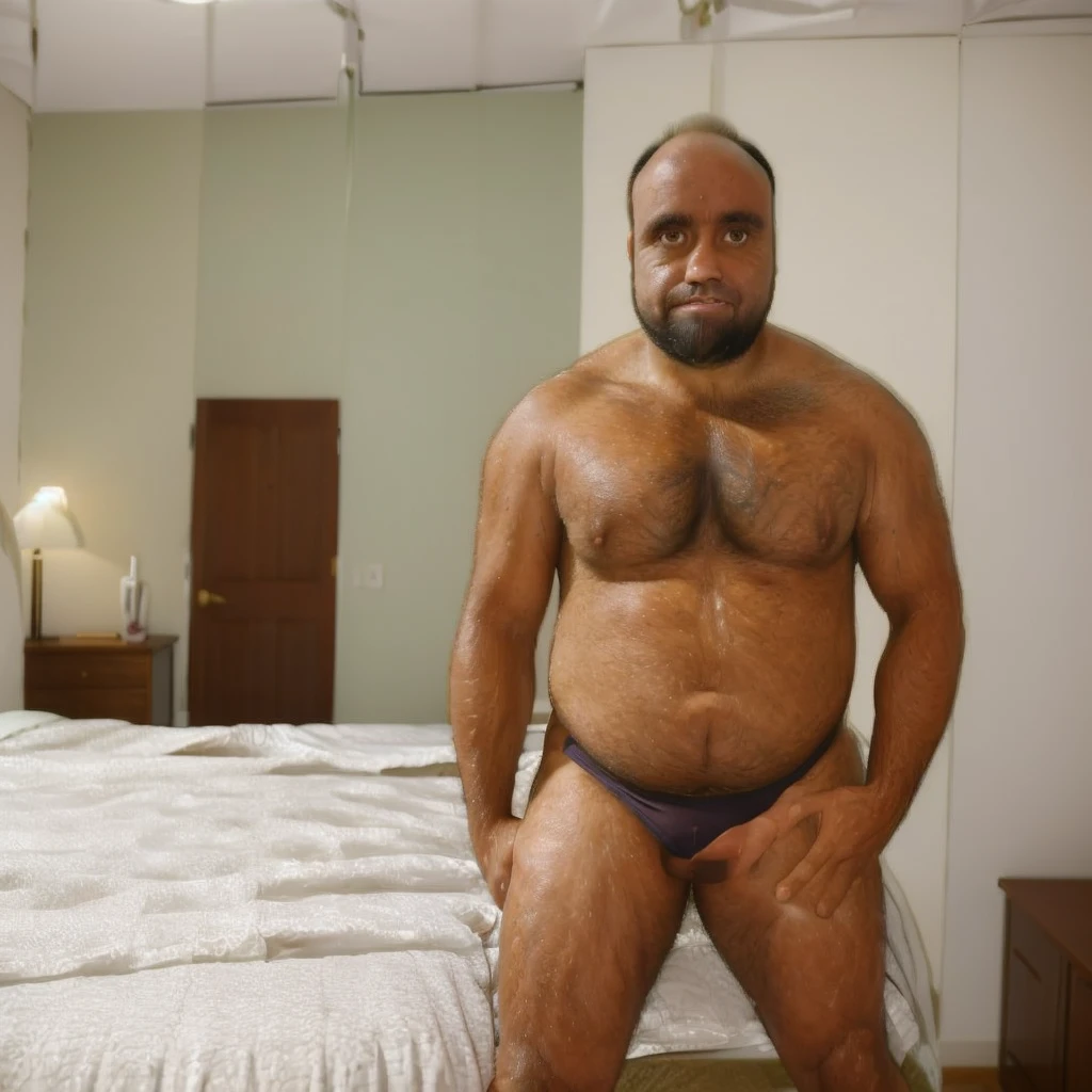 (best quality,4k,realistic,ultra-detailed, 1 Brazilian, 40 years old, chubby body, with brown hair, beard, hairy body, wearing a huge bulging athletic support, stand in the bedroom, have a protruding belly, a sexy pose, profile photo, show underwear, more distant pose, looking at the side, high quality.