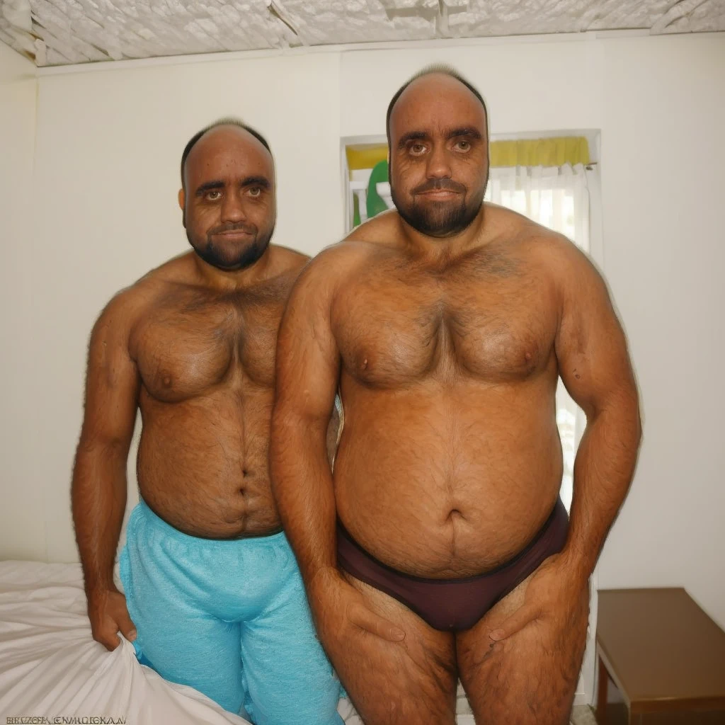 (best quality,4k,realistic,ultra-detailed, 1 Brazilian, 40 years old, chubby body, with brown hair, beard, hairy body, wearing a huge bulging athletic support, stand in the bedroom, have a protruding belly, a sexy pose, profile photo, show underwear, more distant pose, looking at the side, high quality.