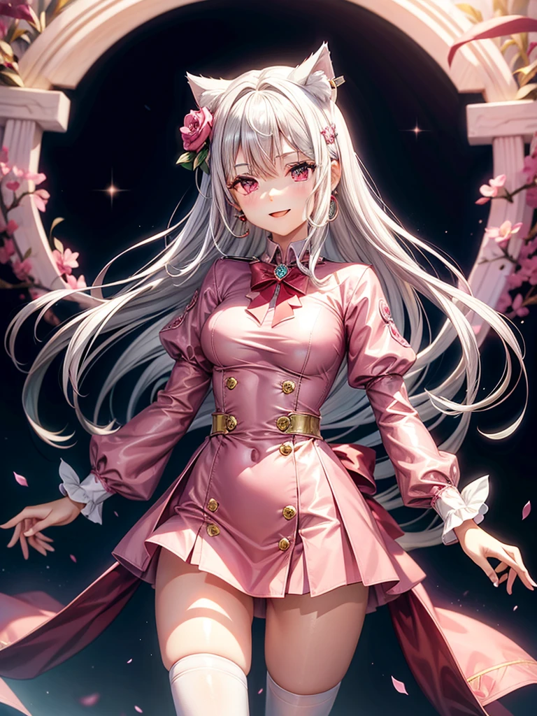 Silver hair, pink eyes, body, cat ears, adult girl, earrings, flower sky background, red pink gold uniform, hair bows, happy face, thigh up, holding cat