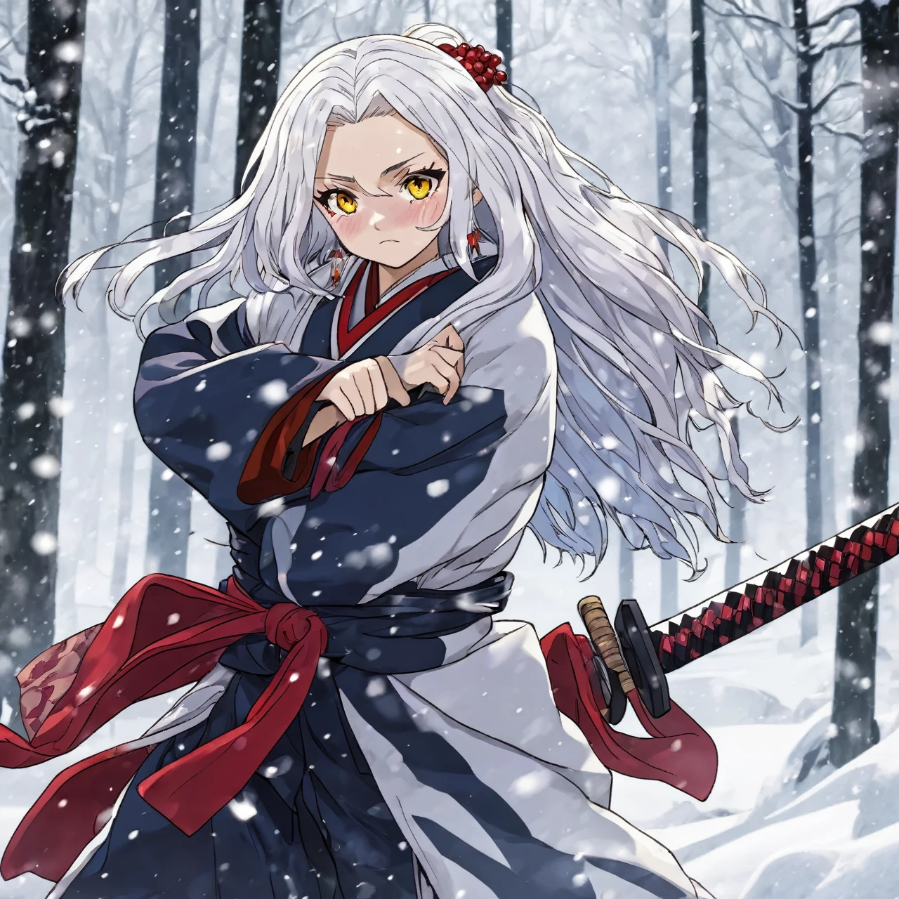 Kimetsu no yaiba anime style female character, long white hair with red hair highlights, yellow eyes, wearing a kimono with an katana, in a snowy forest, soft expression, in fighting position, Blood power, crying