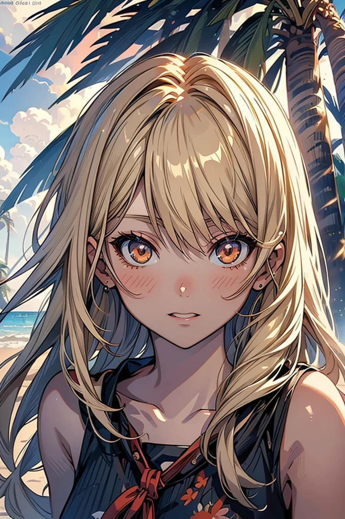 masterpiece, rich colors, Best quality, detailed, high resolution, Hyper quality, high detail, , high quality, detailing, skinny sexy girl on the beach , bright lighting , Brown eyes, Anime, palm trees, bright lighting, blonde,