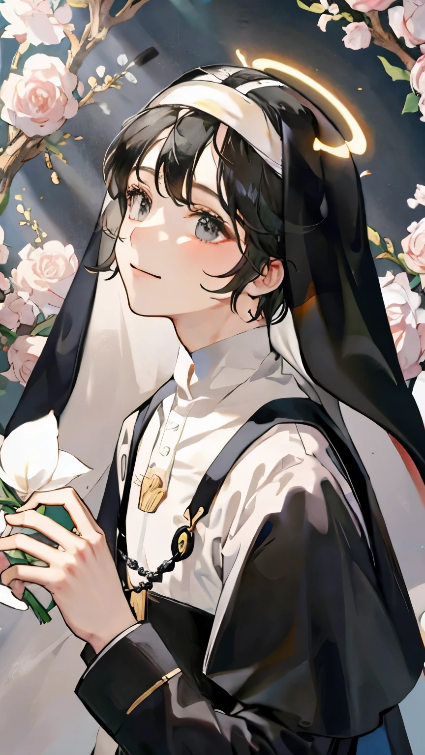 (ultra-detailed, fragile male body: 1.5, shy boy expression: 1.2), (black hair, litlle bit long), (the boy praying and smiling), (black eyes, expressive and full of emotion), (blush, rosy and shy), (femboy nun outfit: 1.4), (heavenly shine)

BREAK, intricately designed habit,
BREAK, delicate embroidery,
BREAK, veil covering the face,
BREAK, rosary beads in hand,
BREAK, thigh-high black boots,
BREAK, halo casting BREAK, tits