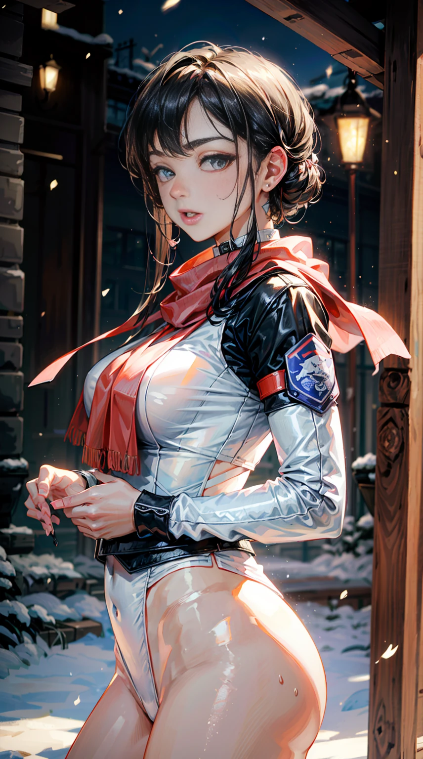 Rebecca chambers attractive huge  thick lips tight military outfit wearing red bandana on head in city night snowing holding medkit