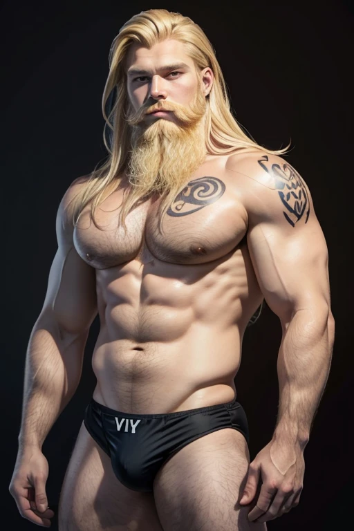 best quality, masterpiece, 4K, detailed, shading, solo, 1male, gorgeous Norwegian man (arrogant smirk) (long blonde hair, big beard, hairy chest:1.1) (big Viking tattoos:1), average body:1 ((huge pecs:1), broad shoulders, (flat abdomen), small waist, thighs), (wearing speedo:1.3), ((mid-shot)), plain background