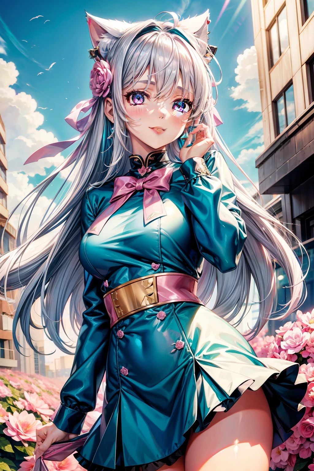 Silver hair, pink eyes, body, cat ears, adult girl, earrings, flower sky background, teal pink gold uniform, hair bows, happy face, thigh up, holding cat