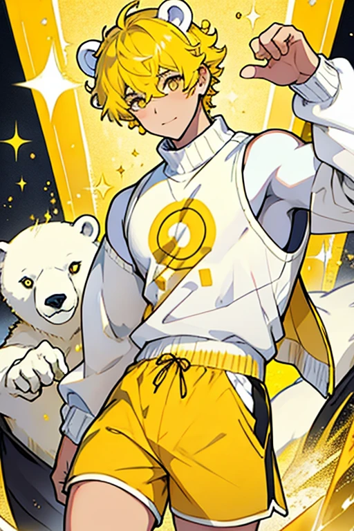 Young man short curly hair white with glitter polar bear ears yellow eyes yellow sleeveless shirt yellow waist sweater white shorts cheerful 