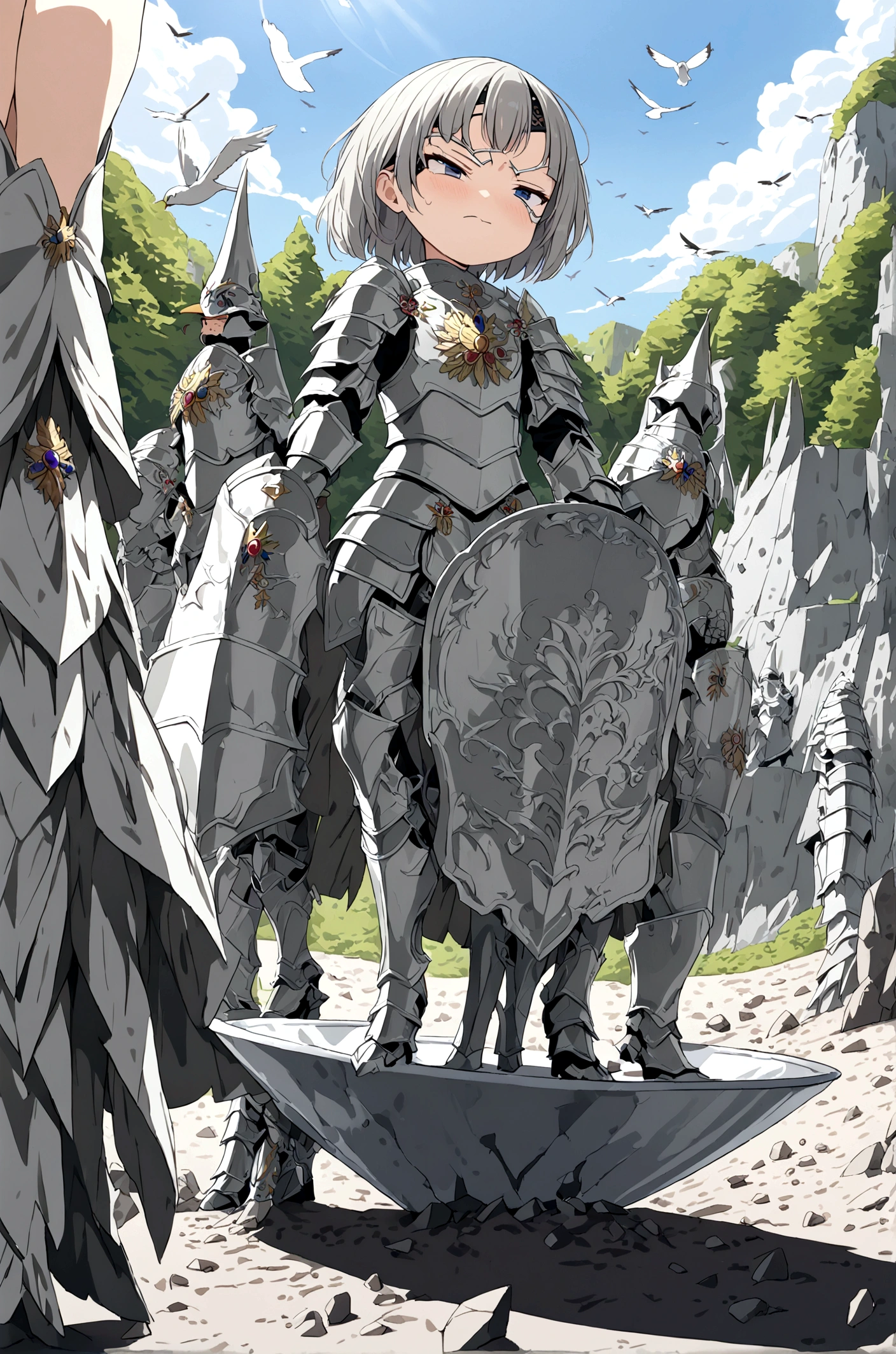 Slim tall girl, stern face expression, standing on steep heel, sunny day, ((wearing silver heavy plate full armor with ornament)), eyepatch, broken spears in the ground around, birds in sky far away