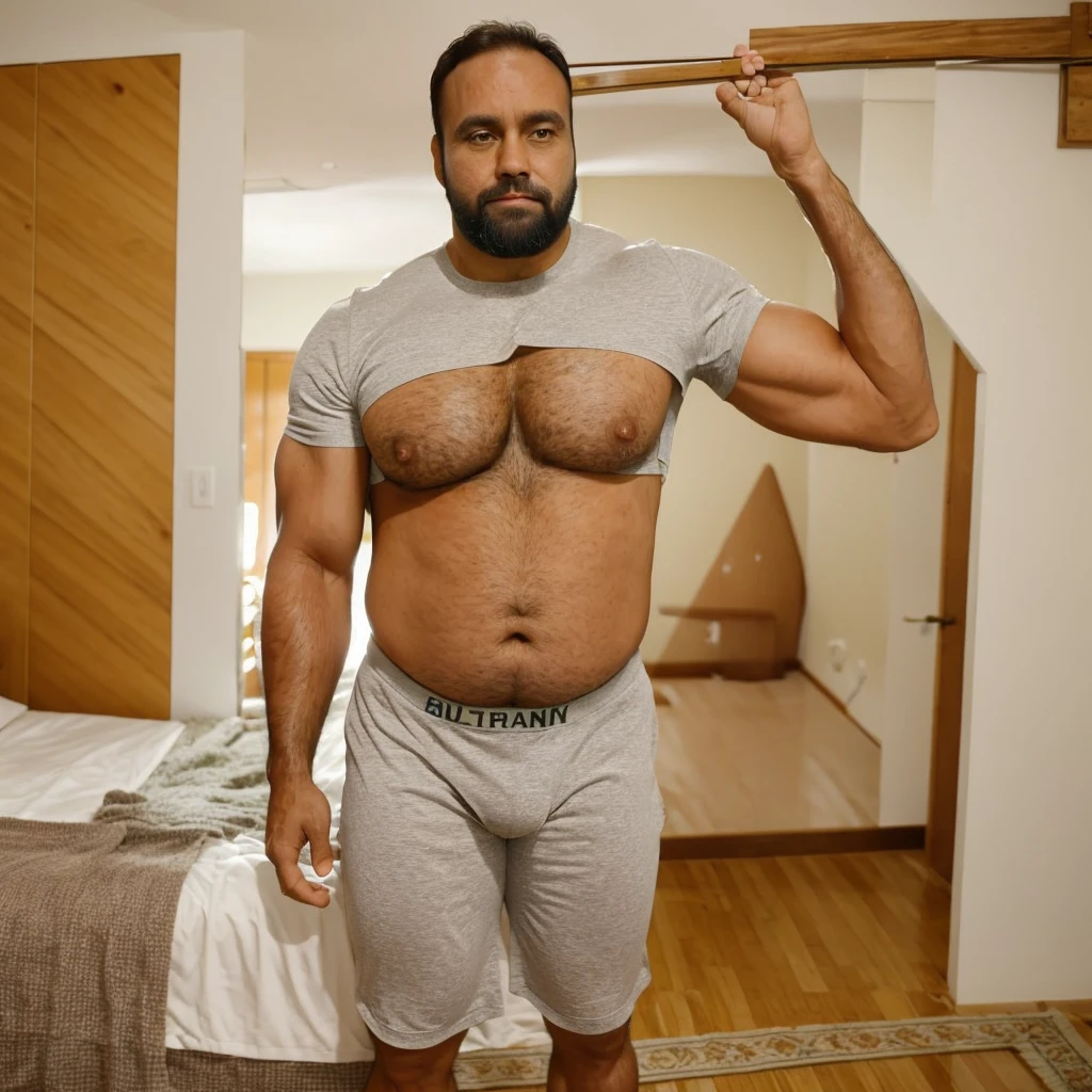 A muscular Brazilian man in his 40s, chubby body with brown hair and beard, wearing a bulging athletic support, standing in a bedroom with a protruding belly, in a sexy profile pose, looking to the side, underwear visible, high quality, realistic, ultra-detailed.