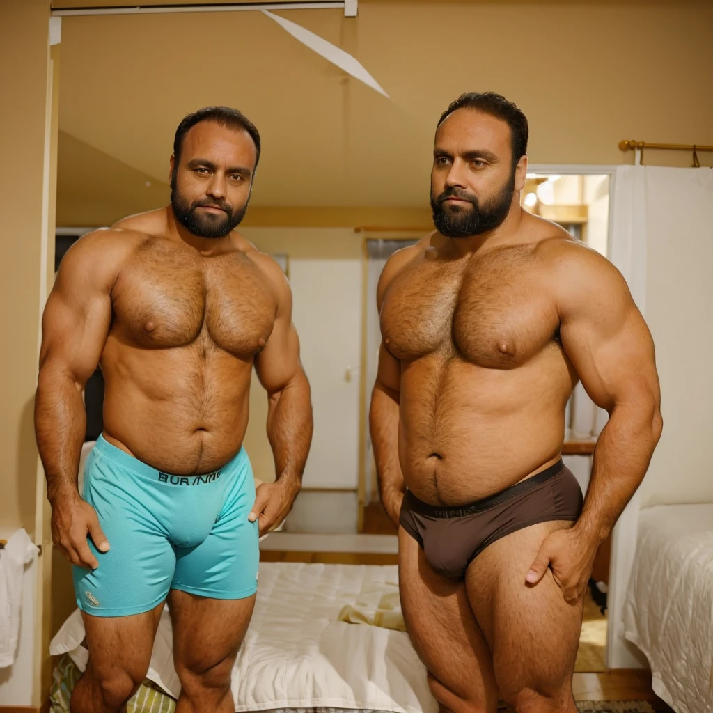 A muscular Brazilian man in his 40s, chubby body with brown hair and beard, wearing a bulging athletic support, standing in a bedroom with a protruding belly, in a sexy profile pose, looking to the side, underwear visible, high quality, realistic, ultra-detailed.