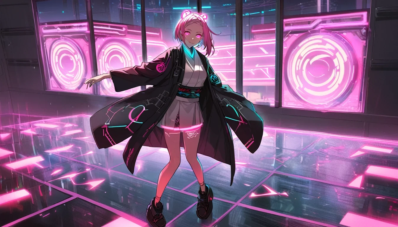 Girl in kimono, teenager, full body, cyberpunk, pink eyes, glowing, neon, black coat, open coat, window, DJ, dance floor,