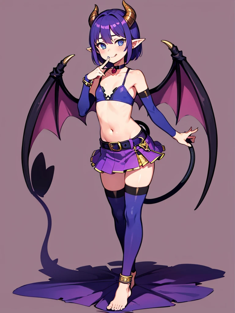 (masterpiece:1.2), (highest quality:1.2), 1girl, solo, horns, tongue, tongue-out, tail, :q, blue-eyes, barefoot, navel, skirt, pointy-ears, purple-hair, demon-girl, blush, short-hair, demon-tai, looking-at-viewer, simple-background, bare-shoulders, smil, demon-wings, full-body, choker, demon-horns, ribbon, naughty-face, collarbone, jewelry, purple-bow, purple-skirt, midriff, finger-to-mouth, hear, bangs, belt, bow, purple-ribbon, see-through, standin, standing-on-one-leg, bat-wings, flat-chest, ((miniskirt)), closed-mouth, leg-up, purple-wings, anklet, tsurim, purple-choker, hand-up