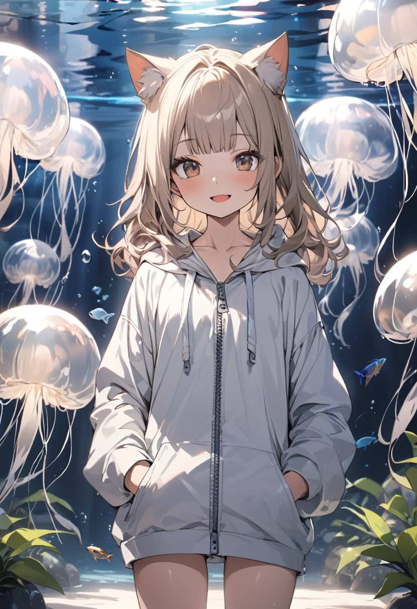 ((Masterpiece)), ((best quality)), (Anime:1.3), (super detail:1.2),(High Definition:1.3), (Professional Photography:1.2), (wide shot), (sharp focus), (perfect light), (()), cowboy shot, (morning), messy medium hair, Beautiful collarbone, (cute hoodie with zipper), white tanktop, (Healthy slim body), (loose blunt bangs), Slender body, (place hand on hip), glossy skin, (nauthy smile), open mouth, ((Beautiful brown eyes)), Textured skin, (Cat ears), Pale brown hair, Cute Beautiful Girl, (slightly exposed small chest), BREAK, ((best quality)), ((In the beautiful aquarium)), jellyfish swim, (sharp focus), perfect hands, (perfect light),