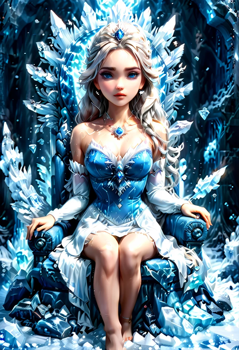 Arafed a picture of a an ice goddess sitting on her frozen throne, wearing white and blue royal dress, glamorous dress, dynamic hair, bold intense eyes, extremely exquisite beautiful queen, perfect body, (anatomically correct: 1.3), ultra feminine, ultra detailed face, dark blue lips, azure glowing eyes, she sits on a (throne made from ice: 1.3) of regality, and might, throne carved from ice , legendary symmetric design, with (many carvings in the ice: 1.3), dynamic caevings on the handles decorated with diamonds, and blue gems, fantasy ice goddess hall room background, (masterpiece: 1.4) intense details, highly detailed, photorealistic, best quality, highres,16k, (ultra detailed:1.3(, masterpiece, best quality, (extremely detailed), close up, ultra wide shot, photorealistic, RAW, fantasy art, dnd art, fantasy art, realistic art,((best quality)), ((masterpiece)), (detailed: 1.5), ral-ntrgmstn, faize