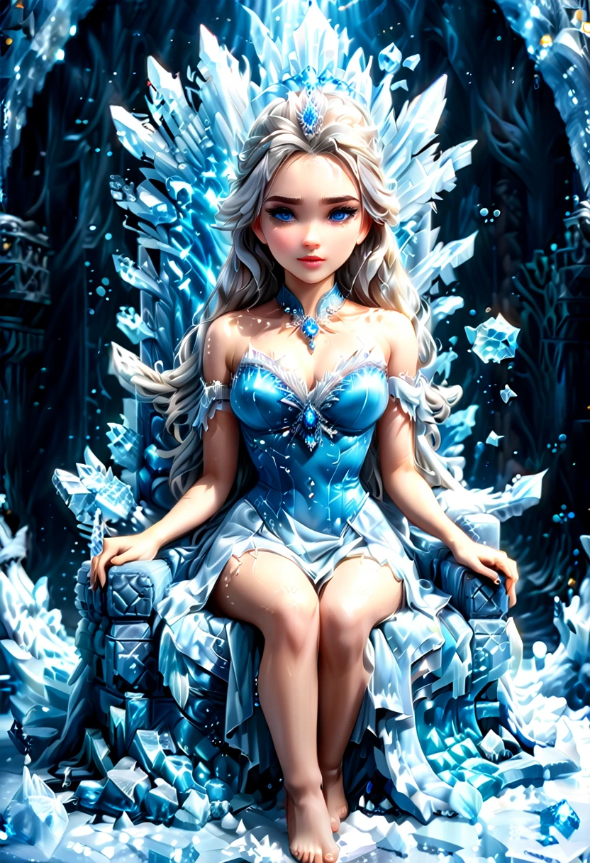 Arafed a picture of a an ice goddess sitting on her frozen throne, wearing white and blue royal dress, glamorous dress, dynamic hair, bold intense eyes, extremely exquisite beautiful queen, perfect body, (anatomically correct: 1.3), ultra feminine, ultra detailed face, dark blue lips, azure glowing eyes, she sits on a (throne made from ice: 1.3) of regality, and might, throne carved from ice , legendary symmetric design, with (many carvings in the ice: 1.3), dynamic caevings on the handles decorated with diamonds, and blue gems, fantasy ice goddess hall room background, (masterpiece: 1.4) intense details, highly detailed, photorealistic, best quality, highres,16k, (ultra detailed:1.3(, masterpiece, best quality, (extremely detailed), close up, ultra wide shot, photorealistic, RAW, fantasy art, dnd art, fantasy art, realistic art,((best quality)), ((masterpiece)), (detailed: 1.5), ral-ntrgmstn, faize