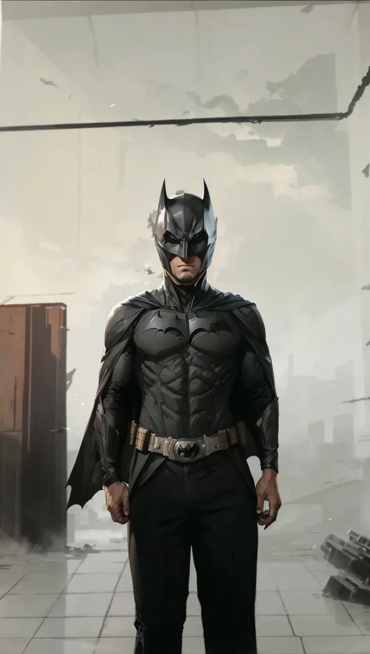 Ben Aflek as Batman, dark bodysuit with gray details, long dark cape, black gauntlet, dark belt, black Batman simble on chest, Gothan City as background, at night, 64 K detailed image