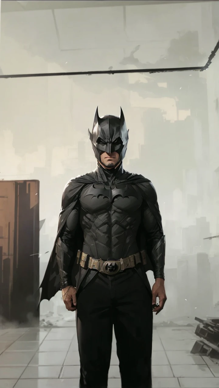 Ben Aflek as Batman, dark ???????? with gray details, long dark cape, black gauntlet, dark belt, black Batman simble on ?????, Gothan City as background, at night, 64 K detailed image