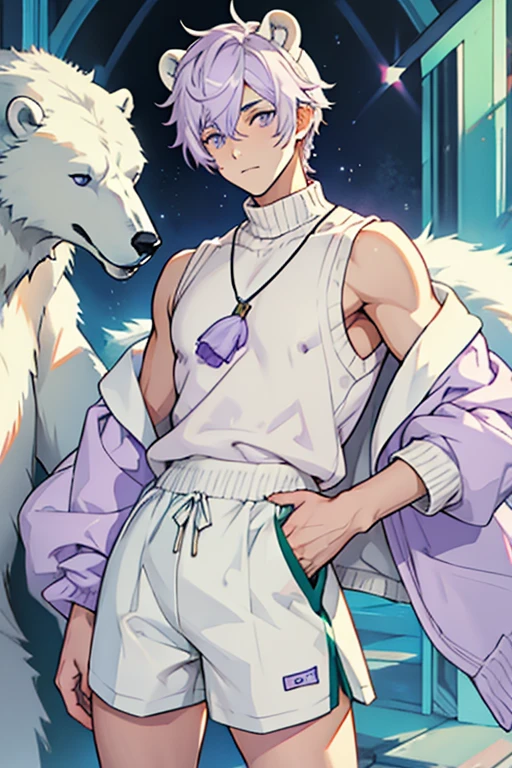 Young man short white hair with polar bear ears lilac eyes green sleeveless shirt sweater on lilac waist white shorts funky