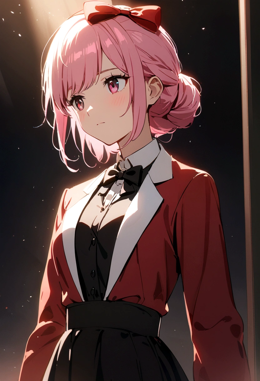 Girl with pink hair, in formal wear with red sleeves, in a black skirt, with a red bow on his head