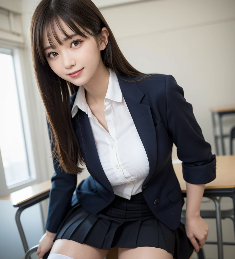masutepiece, Best Quality, Illustration, Ultra-detailed, finely detail, hight resolution, 8K Wallpaper, Perfect dynamic composition, Beautiful detailed eyes, ,Medium Hair, Big breasts, Natural Color Lip, Random and sexy poses,Smile、20 years girl、 After-school classroom、 high school giller suit、a miniskirt、Loose socks、