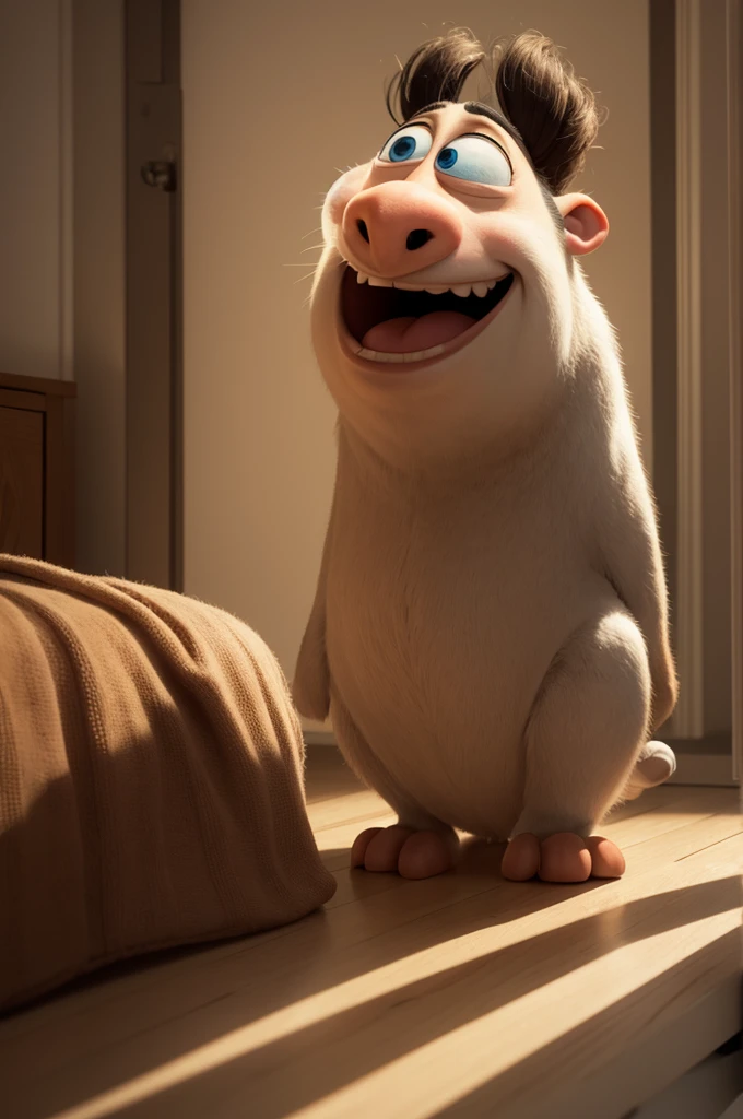 I want a photo of an emotion from the pixar movie. It's one with pink hair, yellow skin and she is holding books. She is happy