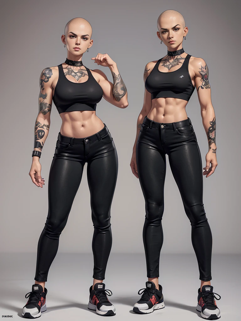 ((best quality)), ((4k)), ((highres)), ((masterpiece:1.2)). ((detailed)), ((ultra realistic)), ((intricate details)), ((full body picture)), ((character design sheet)), ((blank background)), ((standing in a blank background)), a full body shot of a bald female, bald woman, muscular woman, muscular arms, mucular legs, about 5'8 tall, about 25 years old, tattoos, dressed in a sports bra and black jeans pants, midriff, six pack abs, sneakers, character concept art, fighting game concept art, king of fighters character concept art, shaved head, head tattoos ((head tattoos))