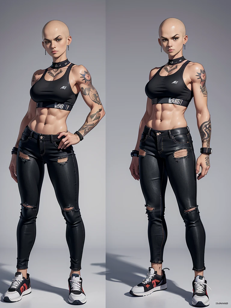 ((best quality)), ((4k)), ((highres)), ((masterpiece:1.2)). ((detailed)), ((ultra realistic)), ((intricate details)), ((full body picture)), ((character design sheet)), ((blank background)), ((standing in a blank background)), a full body shot of a bald female, bald woman, muscular woman, muscular arms, mucular legs, about 5'8 tall, about 25 years old, tattoos, dressed in a sports bra and black jeans pants, midriff, six pack abs, sneakers, character concept art, fighting game concept art, king of fighters character concept art, shaved head, head tattoos ((head tattoos))